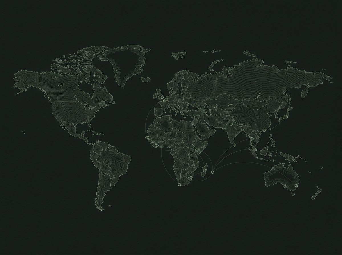 World map marking the sixteen countries covered across the practice, spanning West and Southern Africa, Madagascar, Southeast Asia, Europe and Australia.